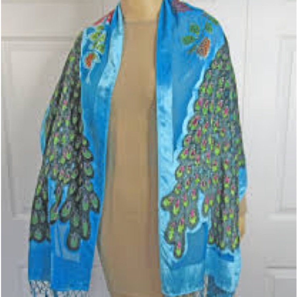 VTG Panne Silk Scarf Beaded Crushed Velvet Shawl Peacock Turquoise Floral Wrap - Picture 2 of 11
